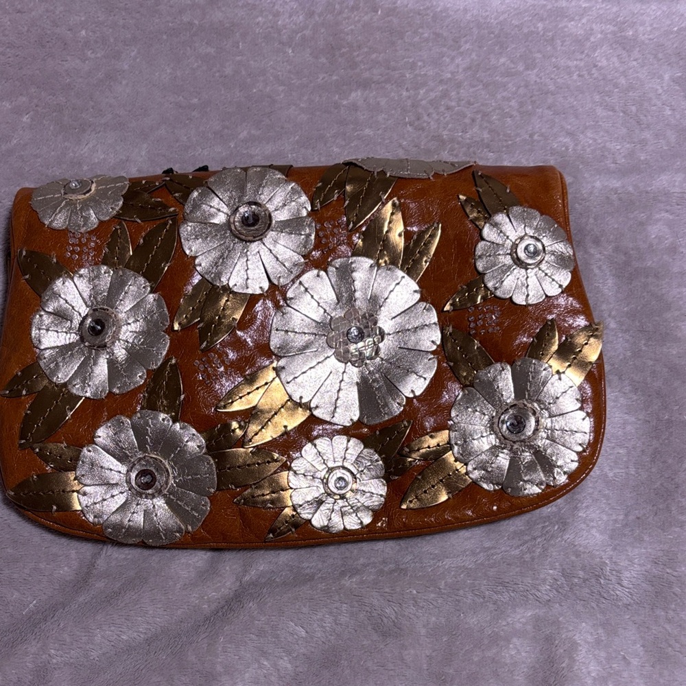 Vintage Silver & Bronze Floral Beaded Embellished Cognac Clutch W Coral Lining..